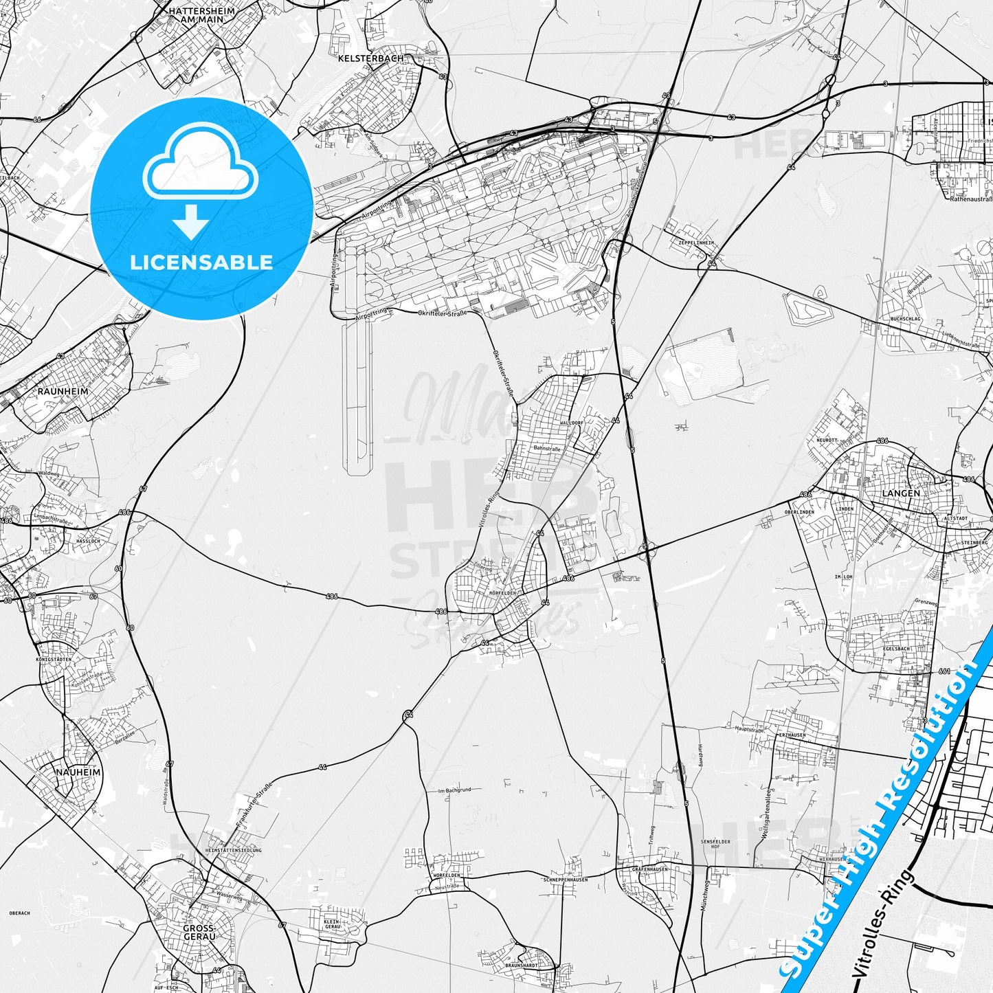 Morfelden-Walldorf, Germany light map with streetnames, citynames and districts
