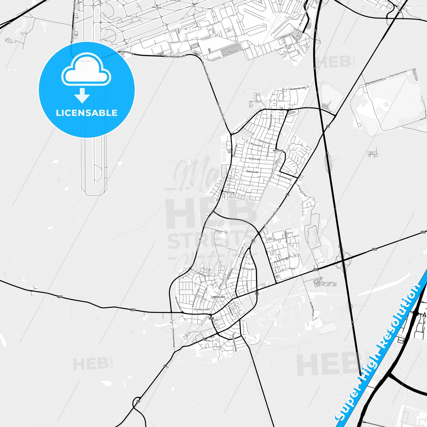 Morfelden-Walldorf, Germany Light Map with Street Names, City Names, and Districts