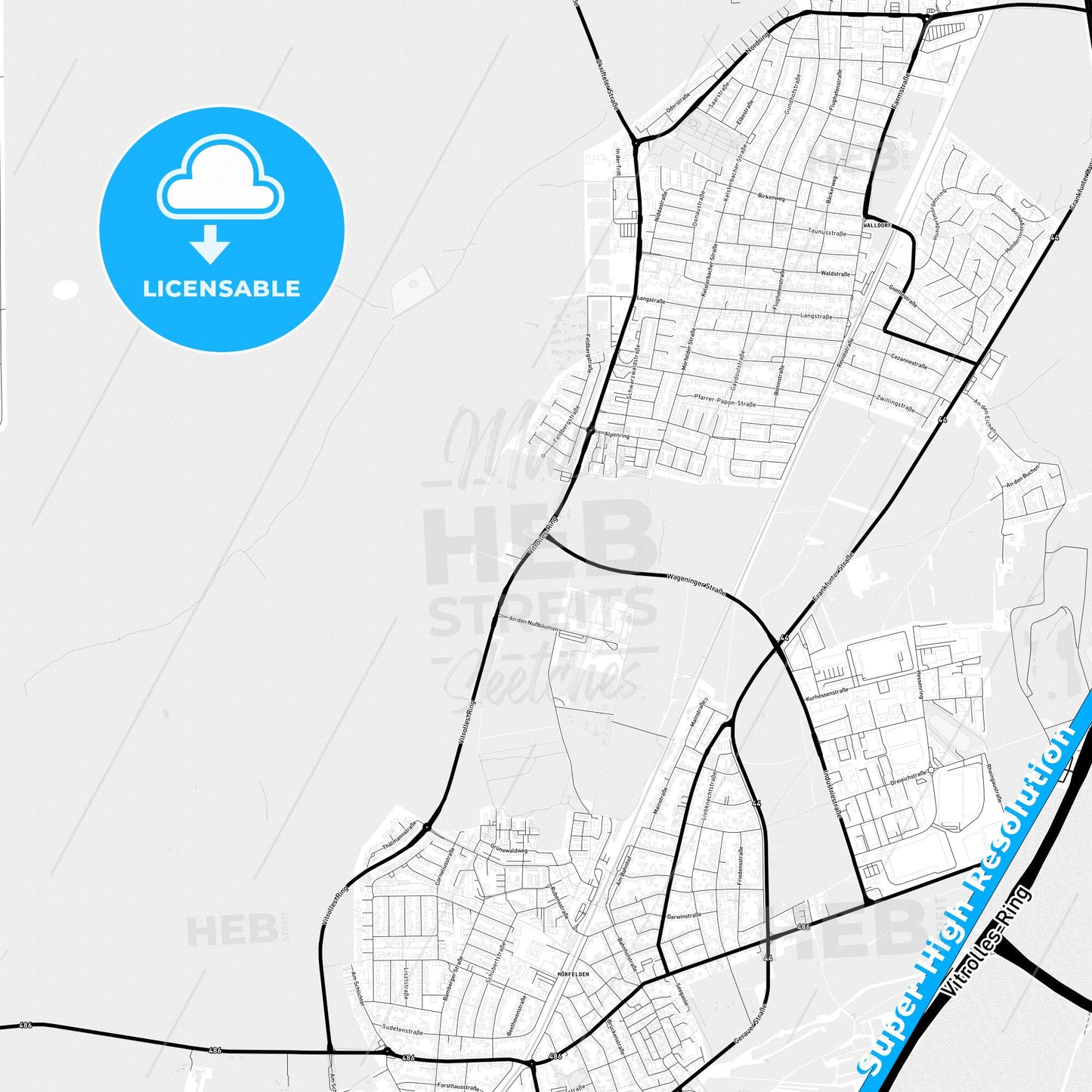 Morfelden-Walldorf, Germany Light Map with Street Names, City Names, and Districts