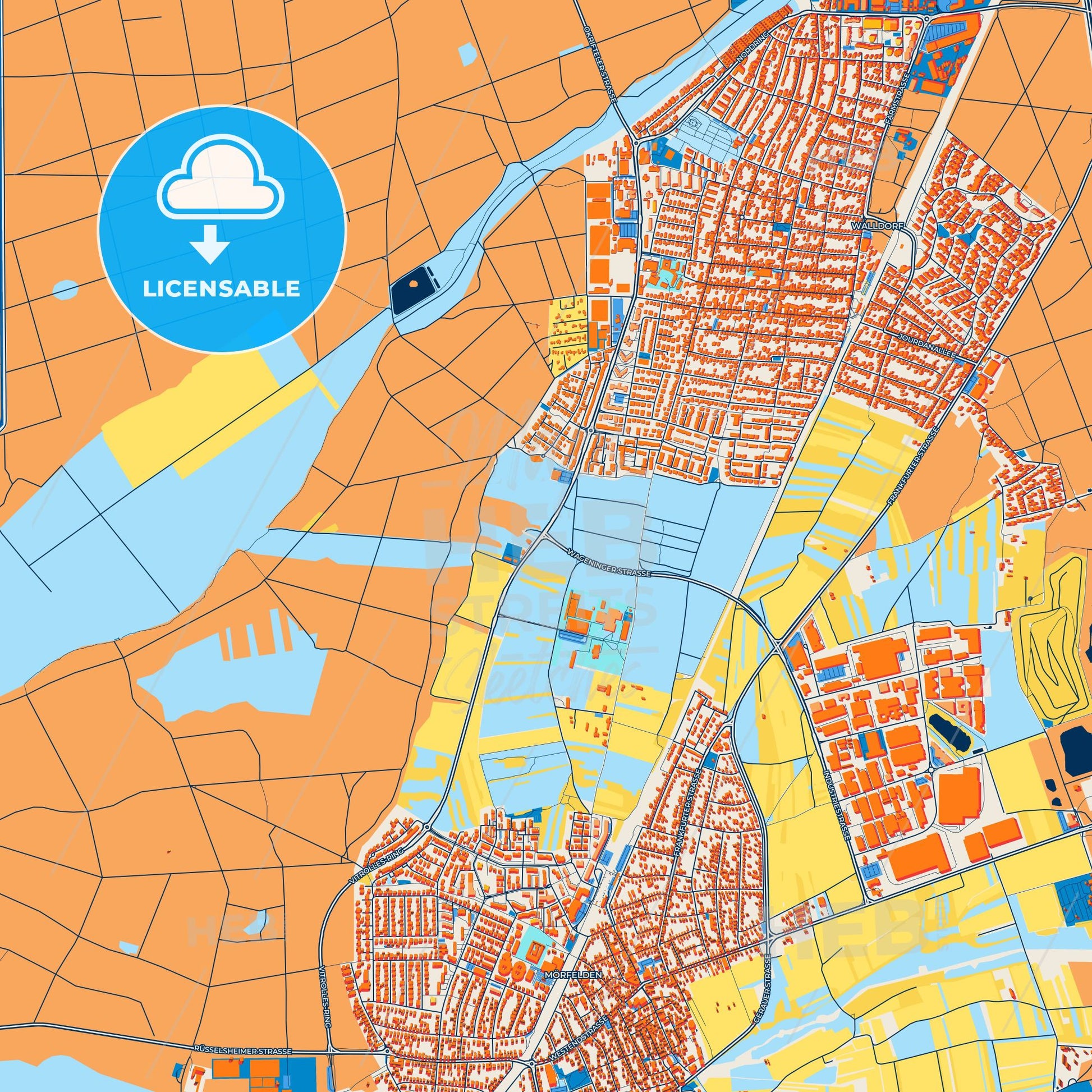 Colorful Morfelden-Walldorf Street Map with Labels and Buildings