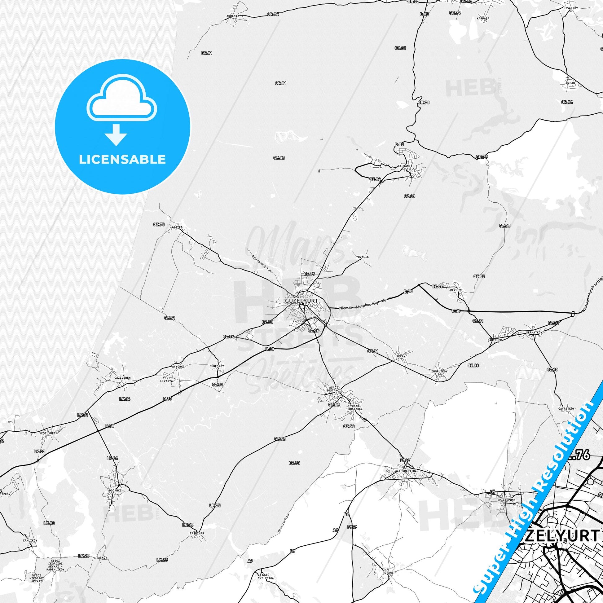 Mórfou  , Cyprus light map with streetnames, citynames and districts