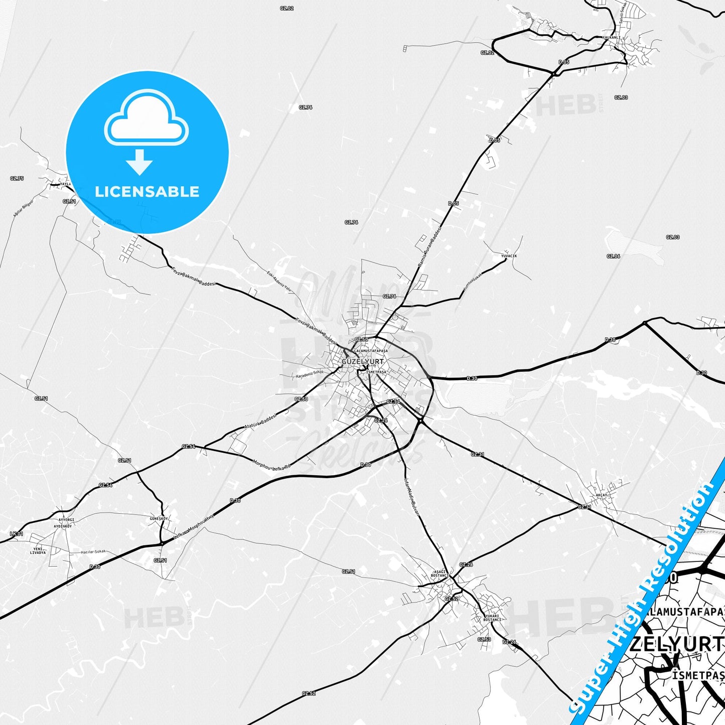 Mórfou  , Cyprus Light Map with Street Names, City Names, and Districts