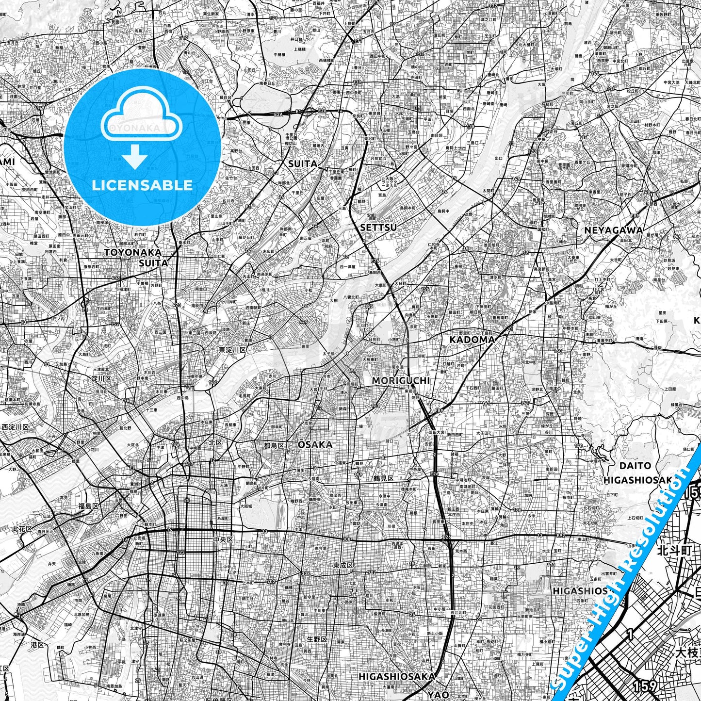 Moriguchi, Japan light map with streetnames, citynames and districts