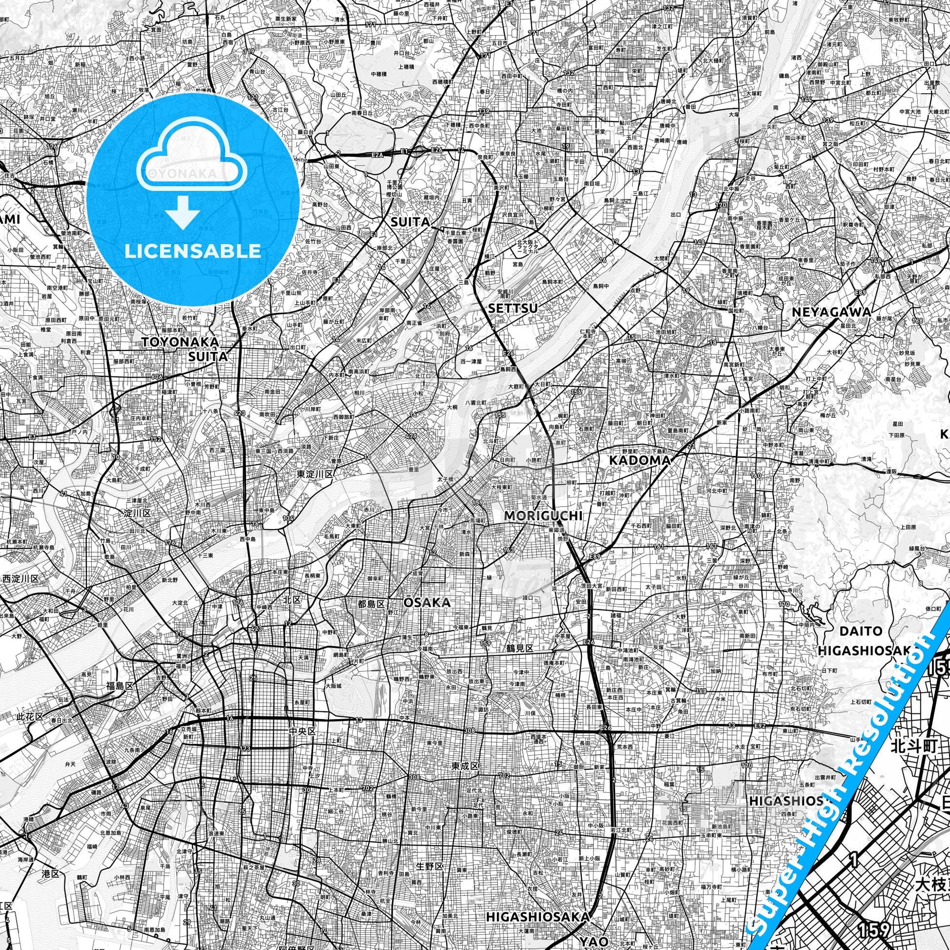 Moriguchi, Japan light map with streetnames, citynames and districts