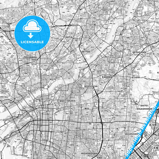 Moriguchi, Japan light map with streetnames, citynames and districts