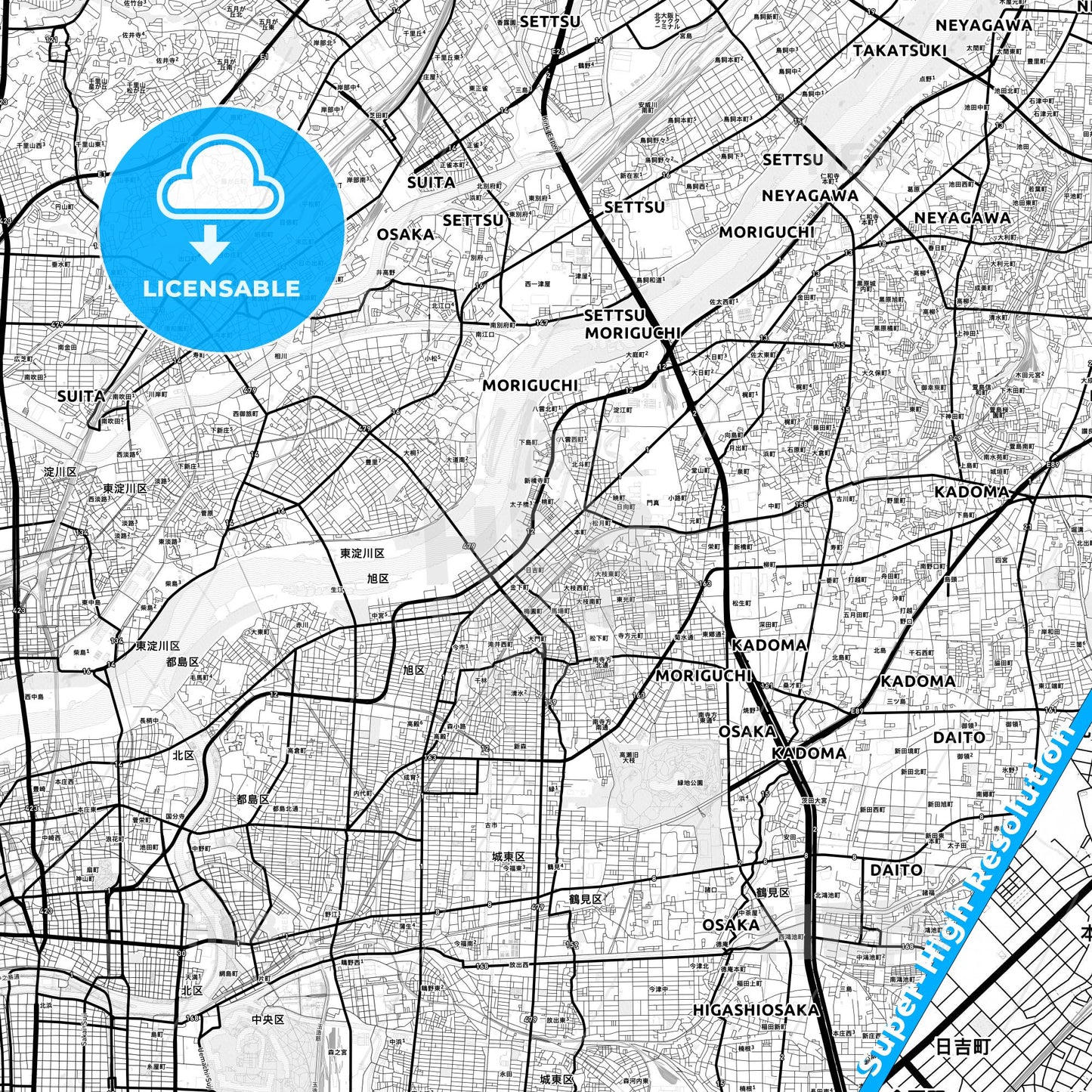 Moriguchi, Japan Light Map with Street Names, City Names, and Districts