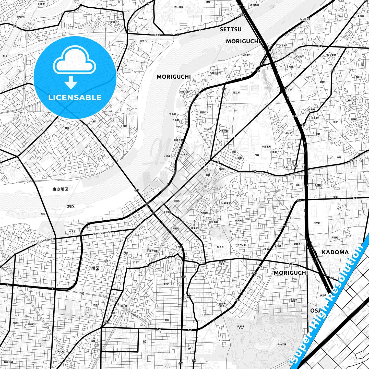 Moriguchi, Japan Light Map with Street Names, City Names, and Districts