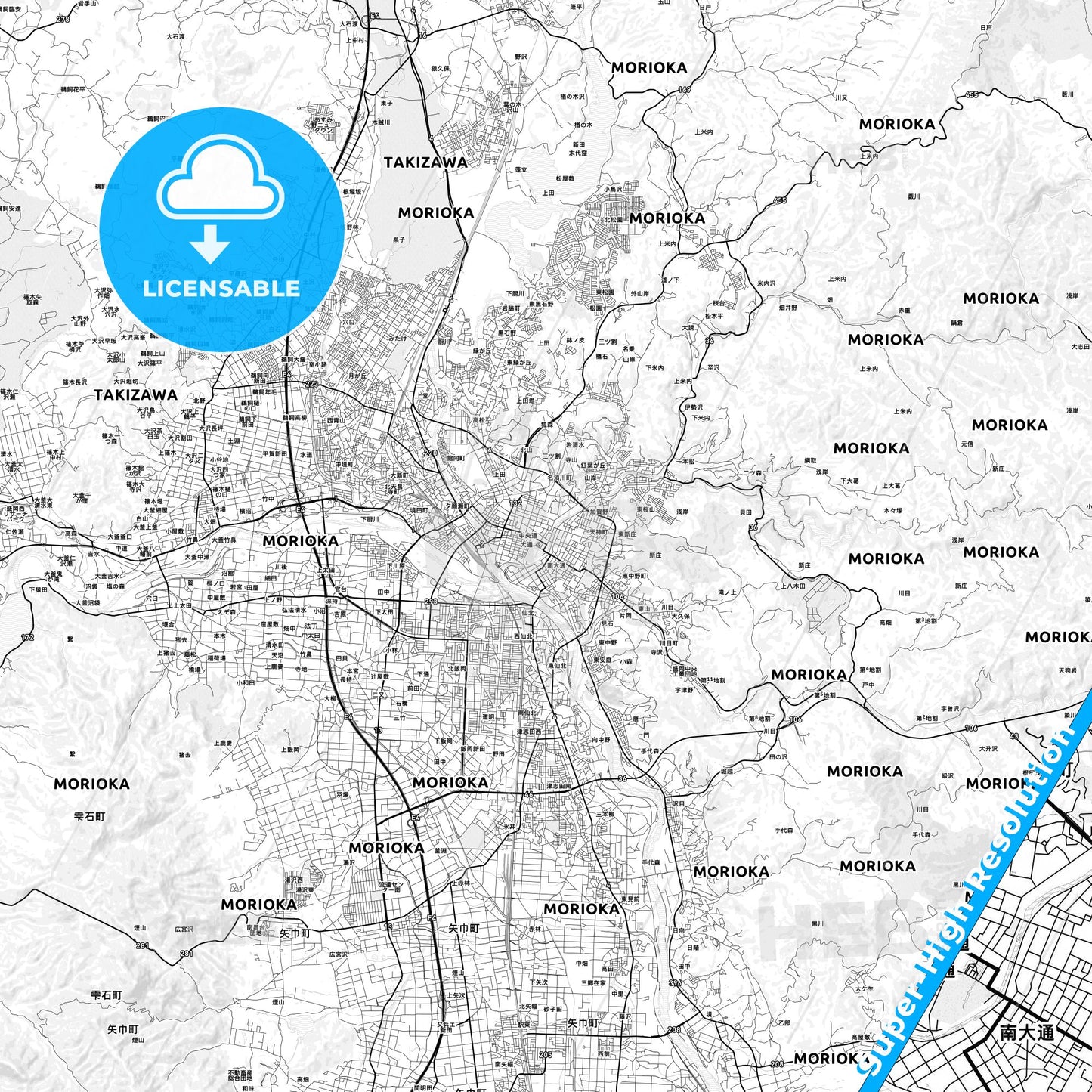 Morioka, Japan light map with streetnames, citynames and districts
