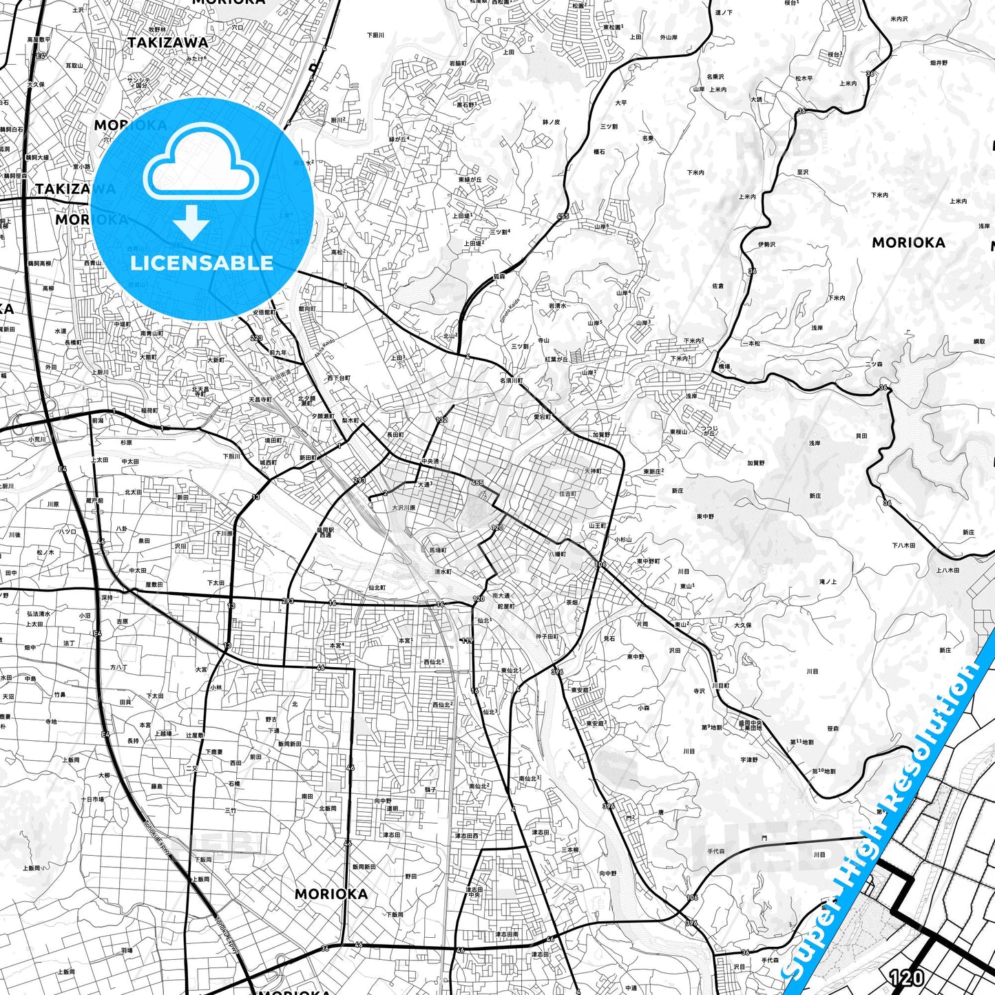Morioka, Japan Light Map with Street Names, City Names, and Districts