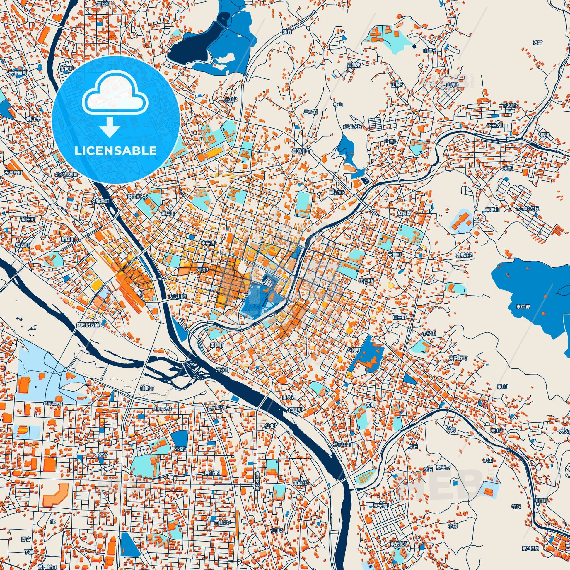 Colorful Morioka Street Map with Labels and Buildings
