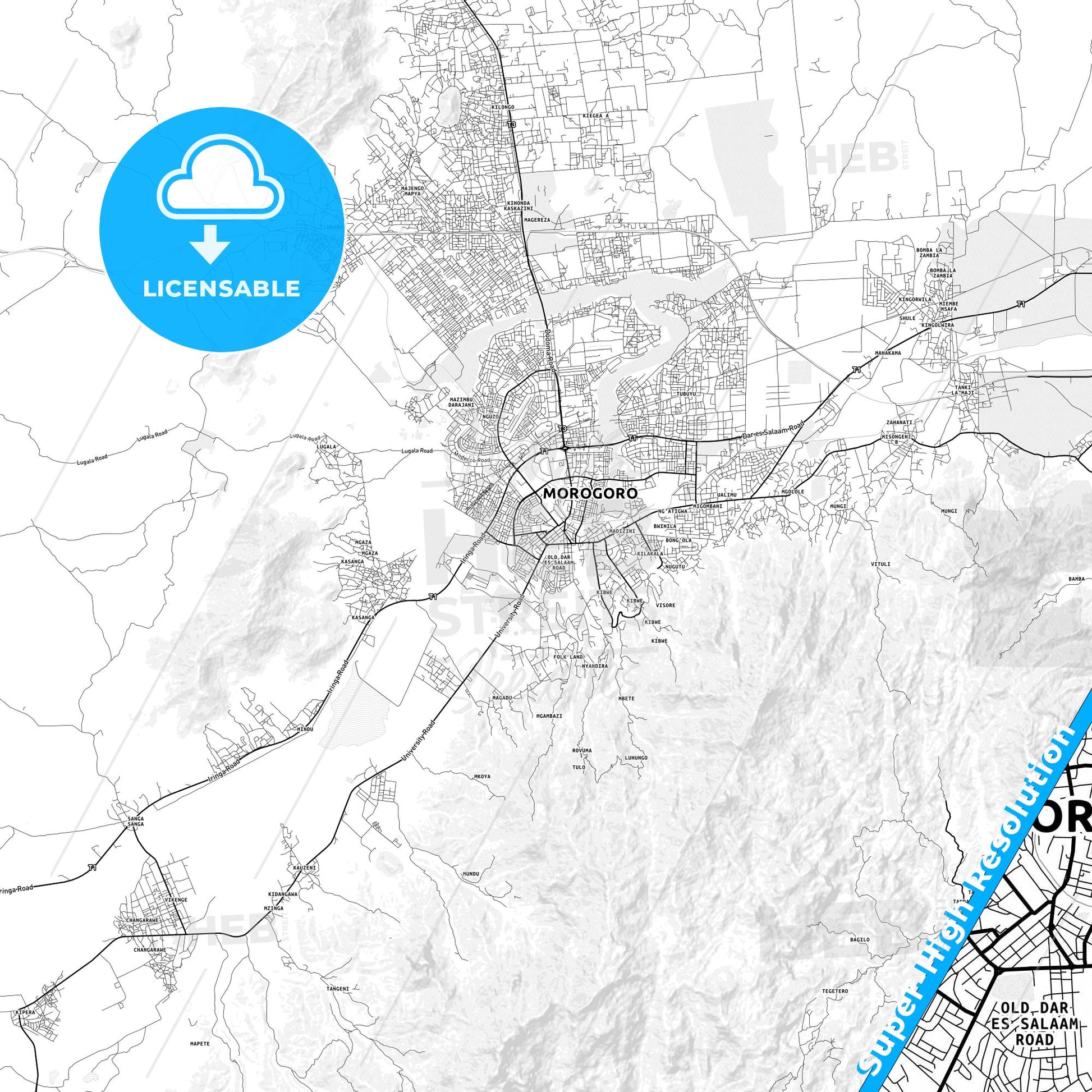 Morogoro, Tanzania light map with streetnames, citynames and districts