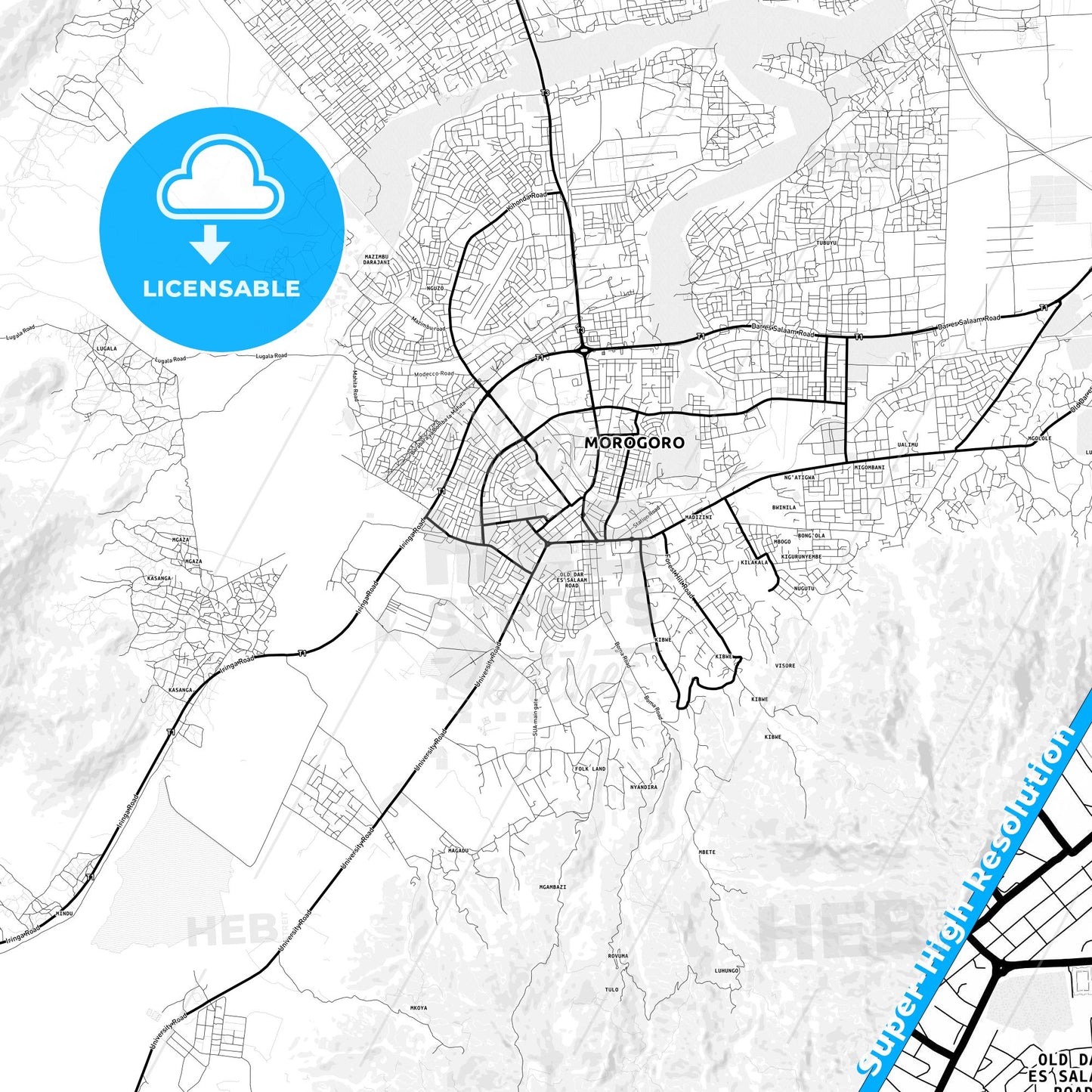 Morogoro, Tanzania Light Map with Street Names, City Names, and Districts