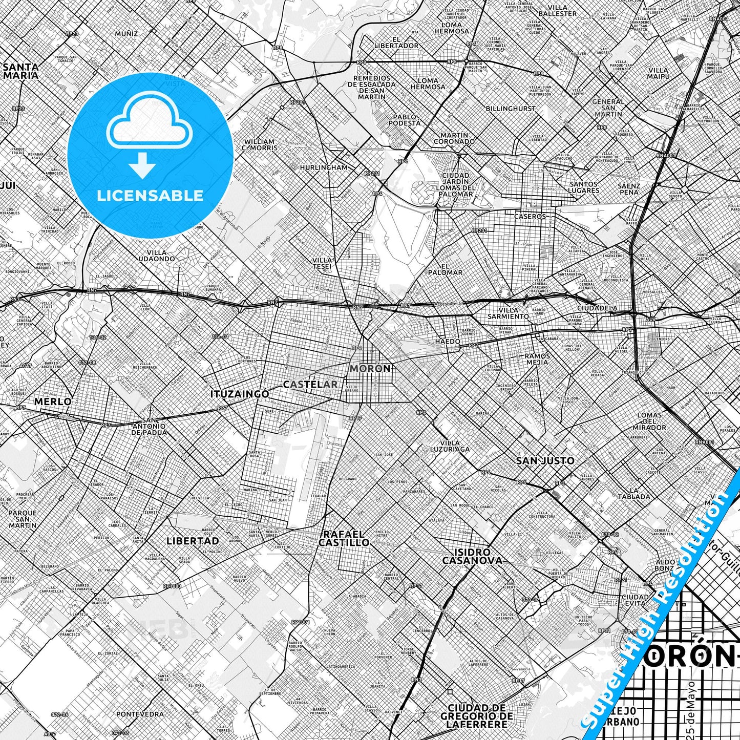 Moron, Argentina light map with streetnames, citynames and districts