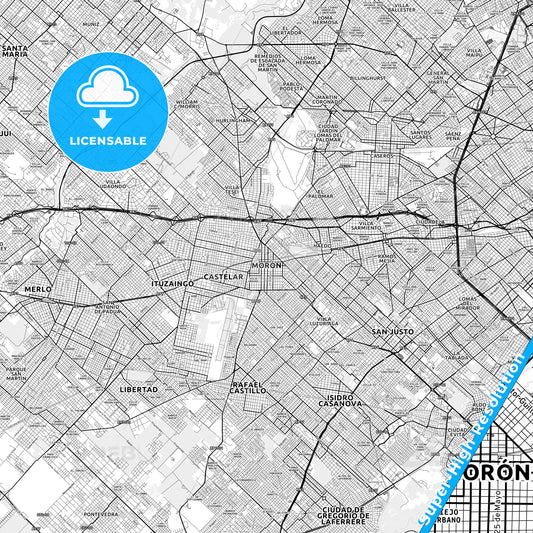 Moron, Argentina light map with streetnames, citynames and districts