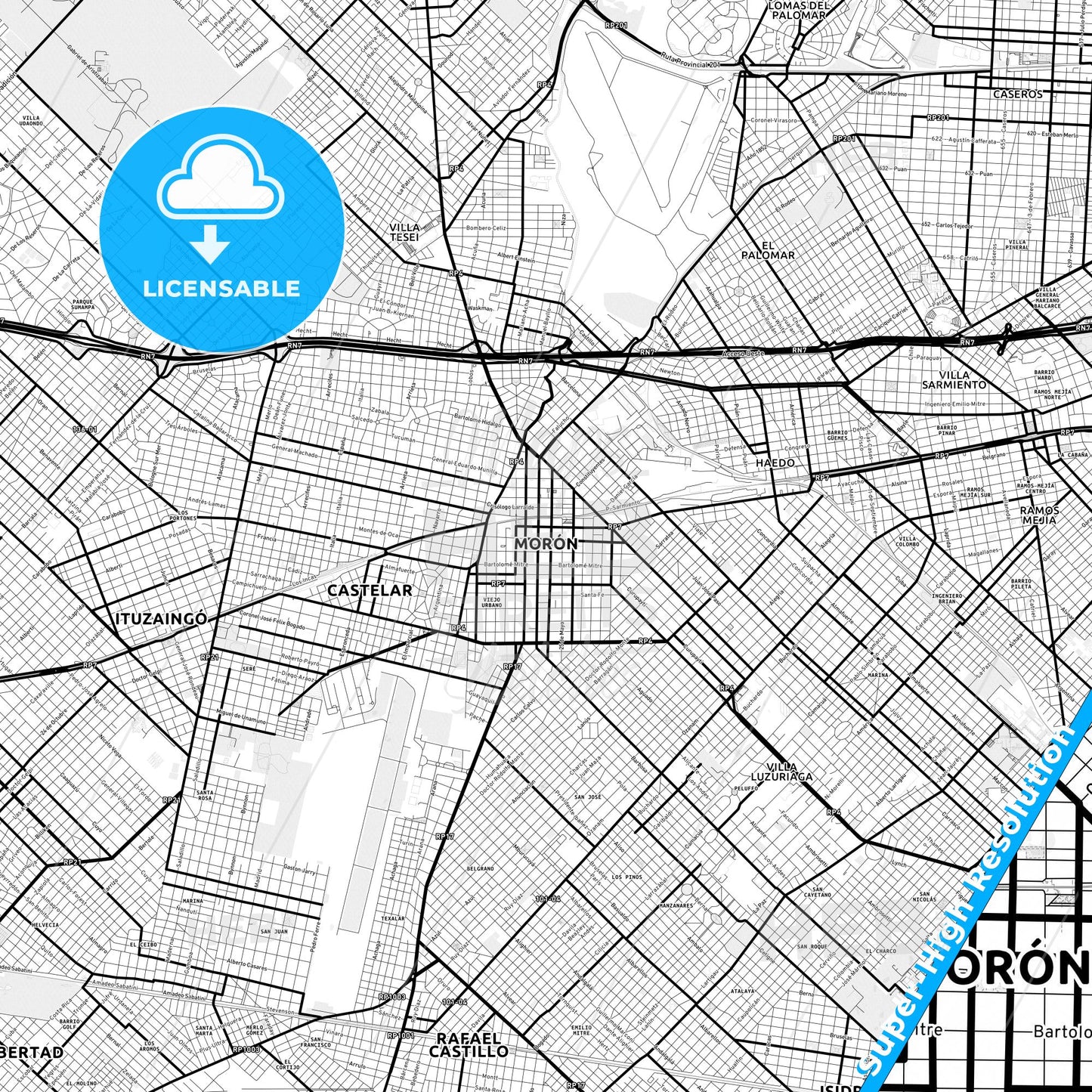 Moron, Argentina Light Map with Street Names, City Names, and Districts
