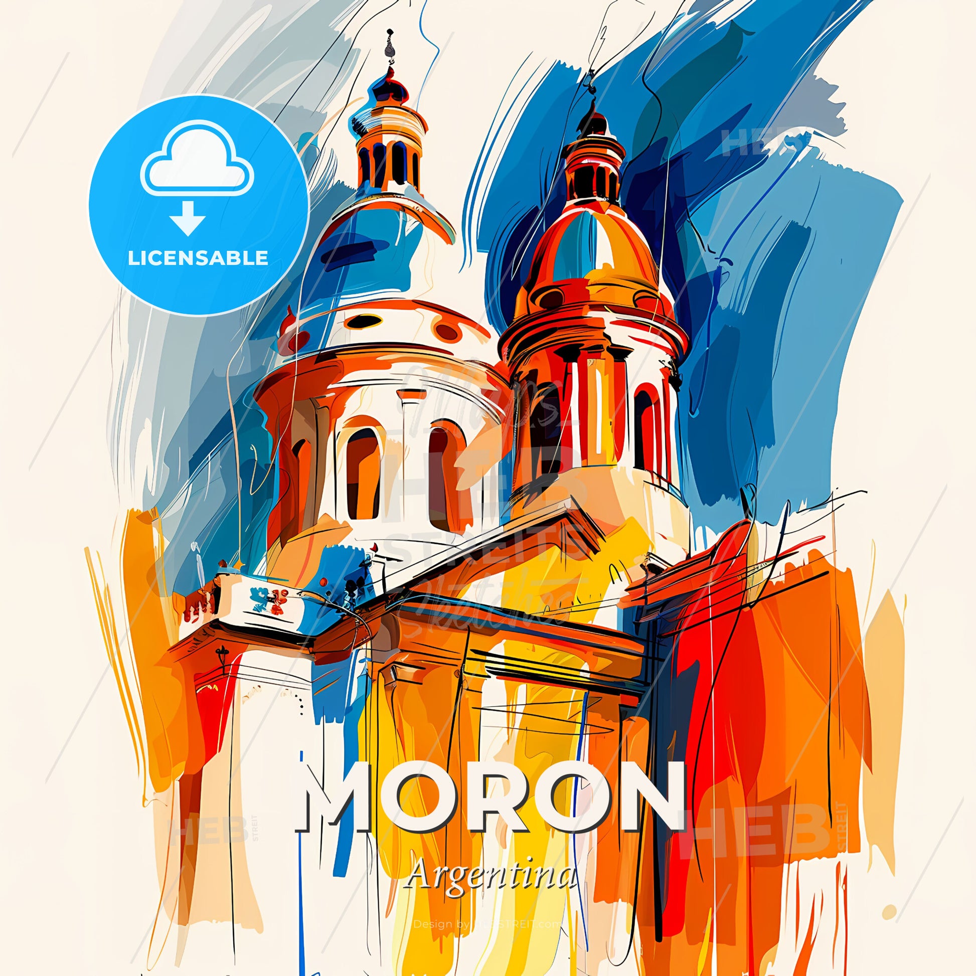 Vibrant Moron, Argentina - A Painting Of A Building With A Colorful Background - Square format print template