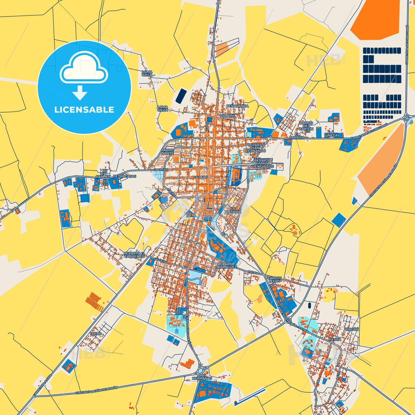 Colorful Morón Street Map with Labels and Buildings