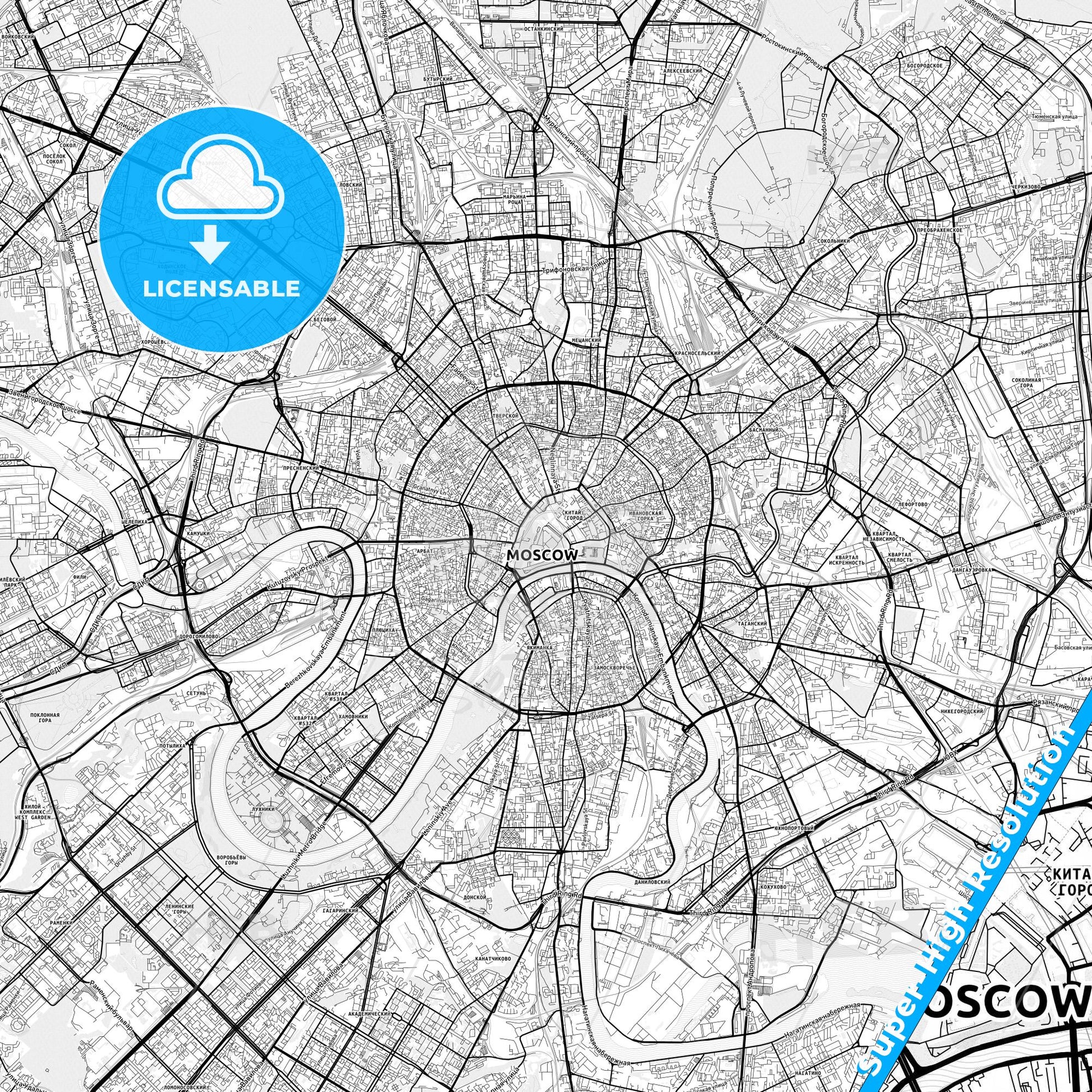 Moscow, Russia light map with streetnames, citynames and districts