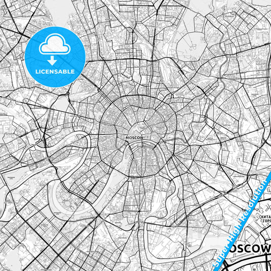 Moscow, Russia light map with streetnames, citynames and districts