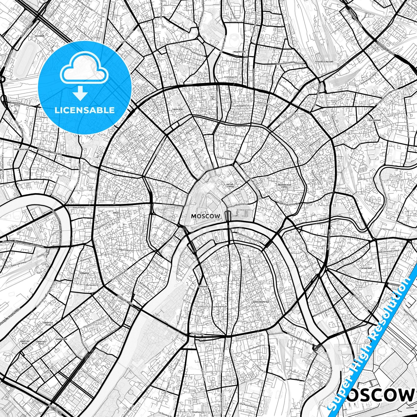 Moscow, Russia Light Map with Street Names, City Names, and Districts