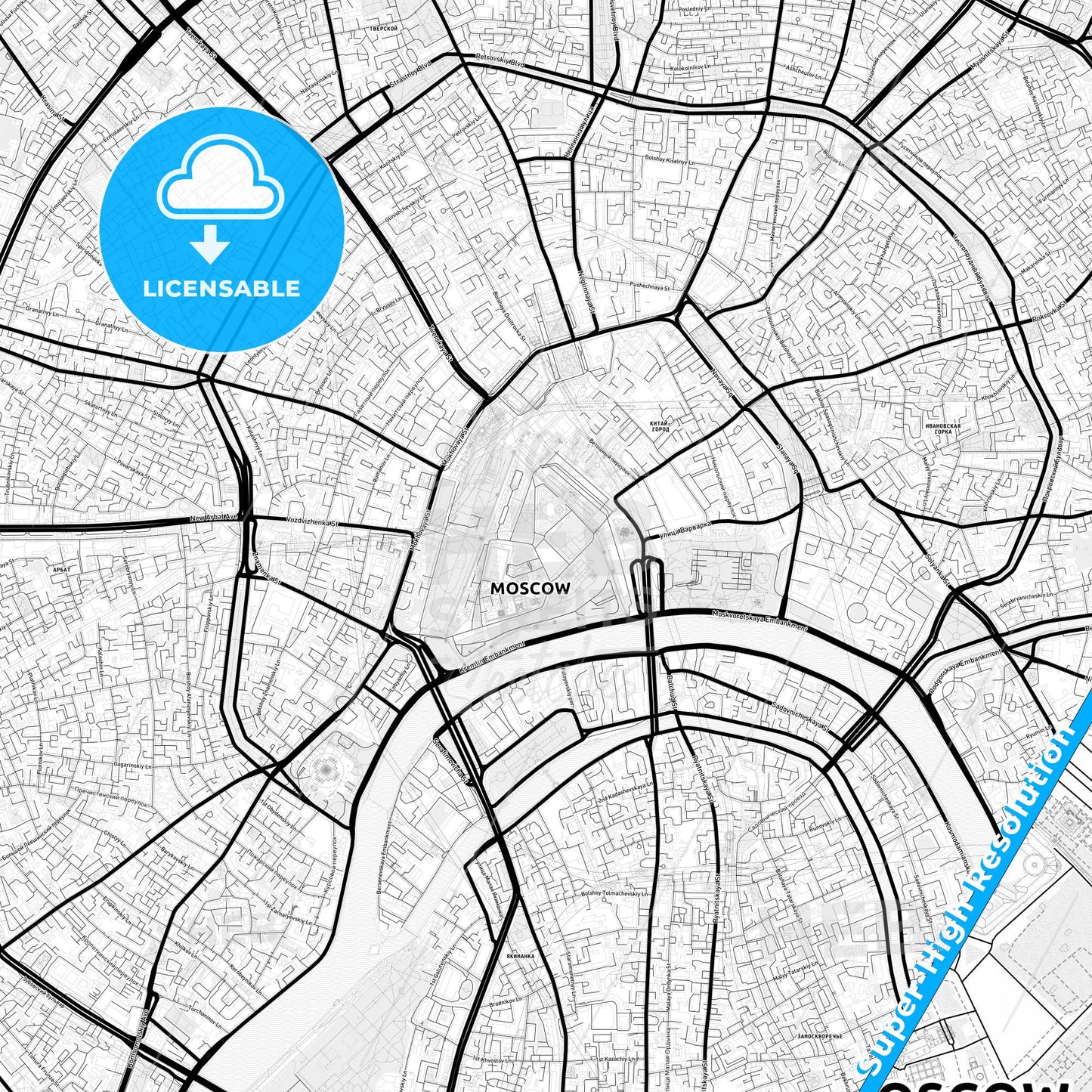 Moscow, Russia Light Map with Street Names, City Names, and Districts