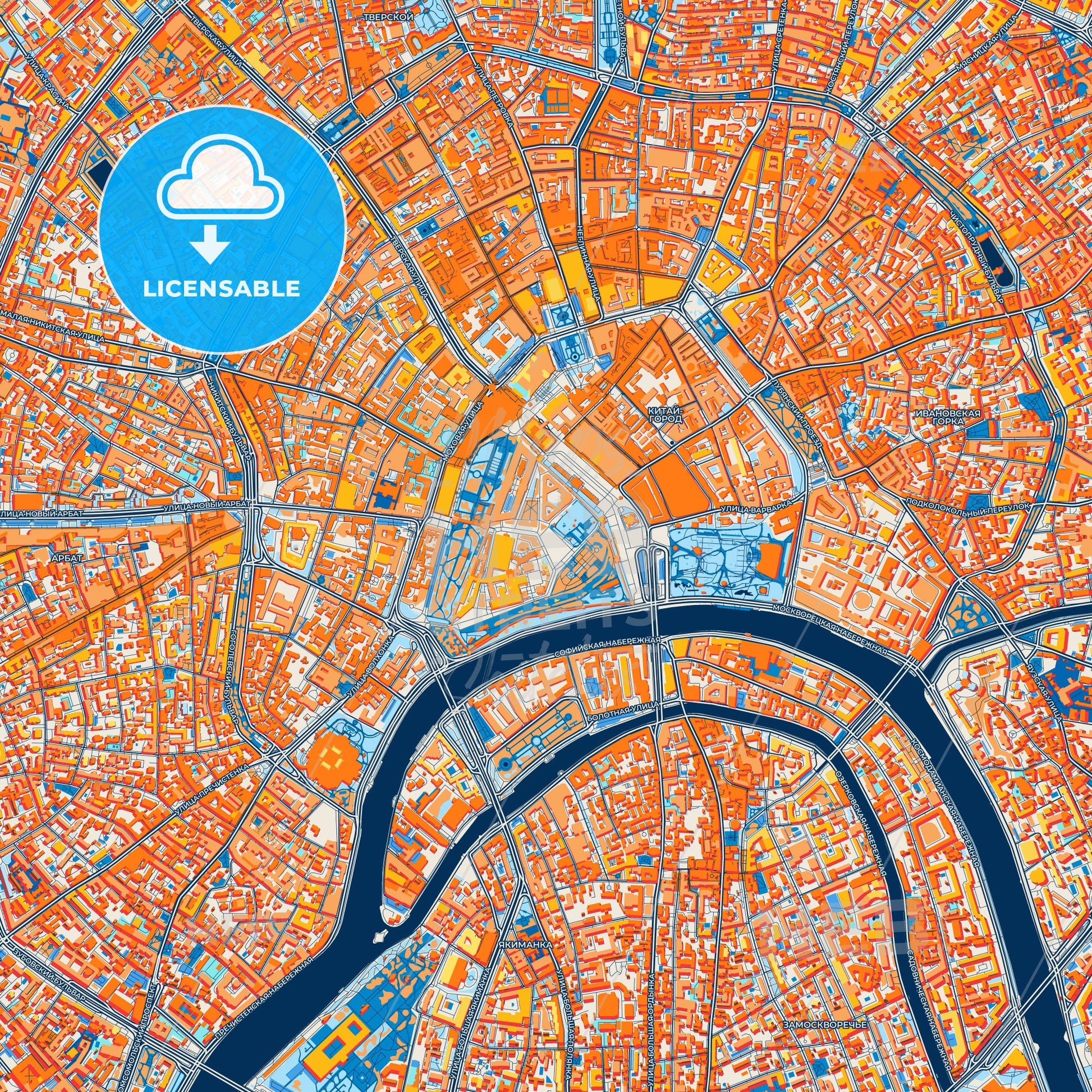 Colorful Moscow Street Map with Labels and Buildings