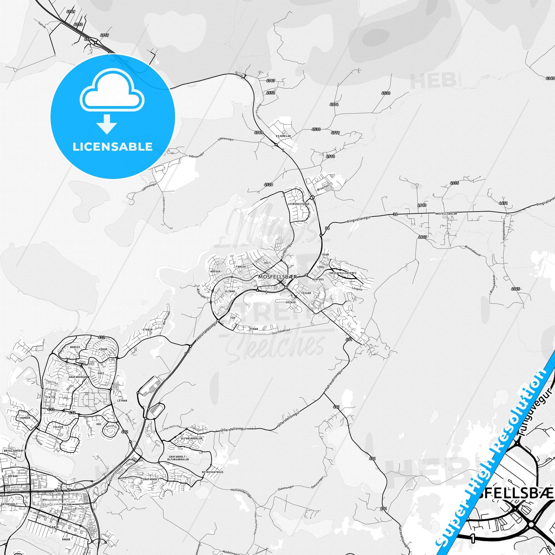 Mosfellsbær, Iceland light map with streetnames, citynames and districts
