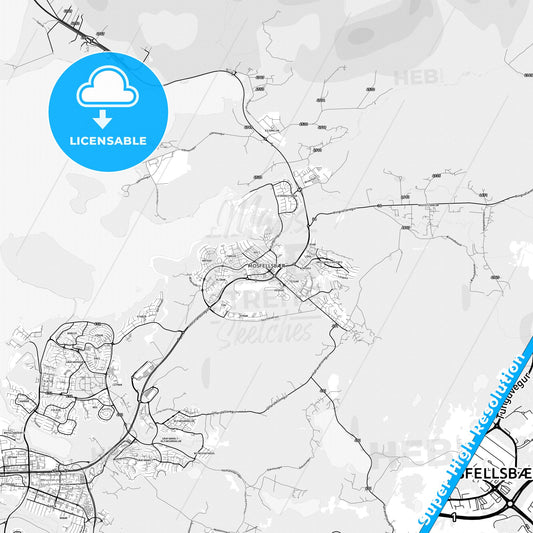 Mosfellsbær, Iceland light map with streetnames, citynames and districts