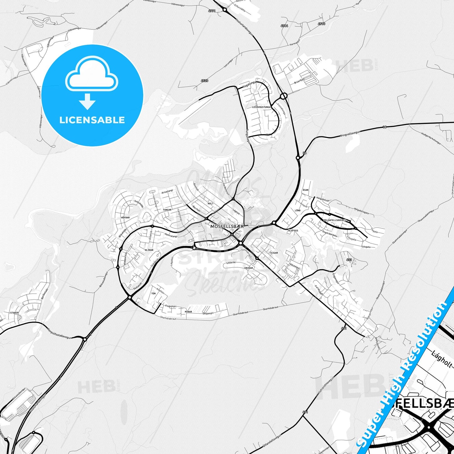 Mosfellsbær, Iceland Light Map with Street Names, City Names, and Districts