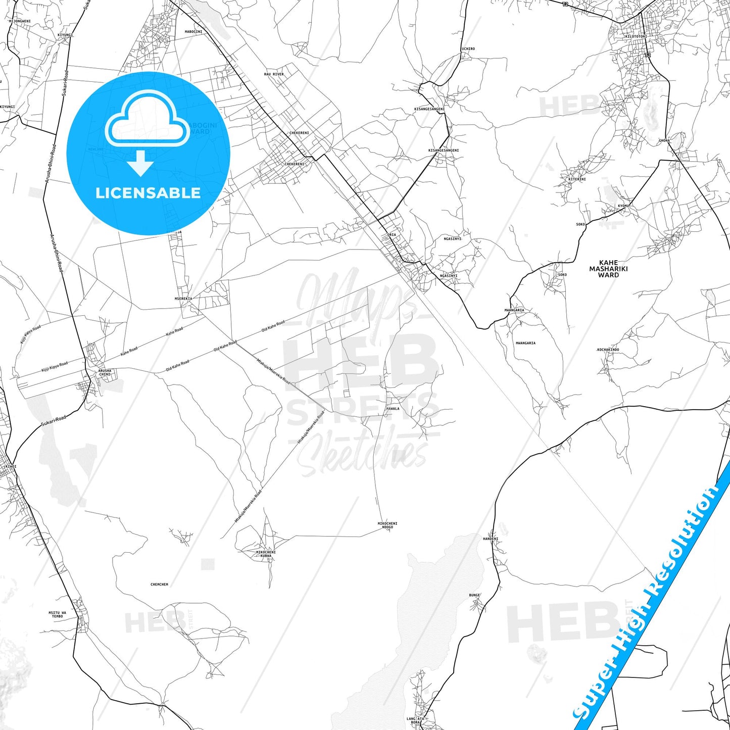 Moshi, Tanzania light map with streetnames, citynames and districts