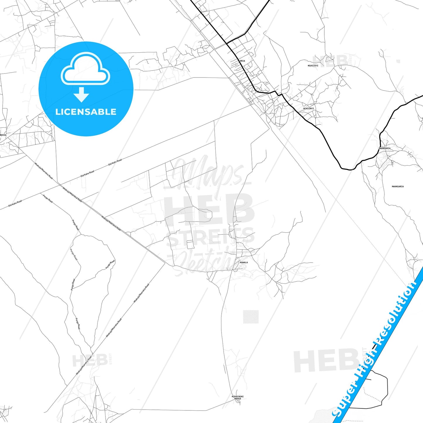 Moshi, Tanzania Light Map with Street Names, City Names, and Districts