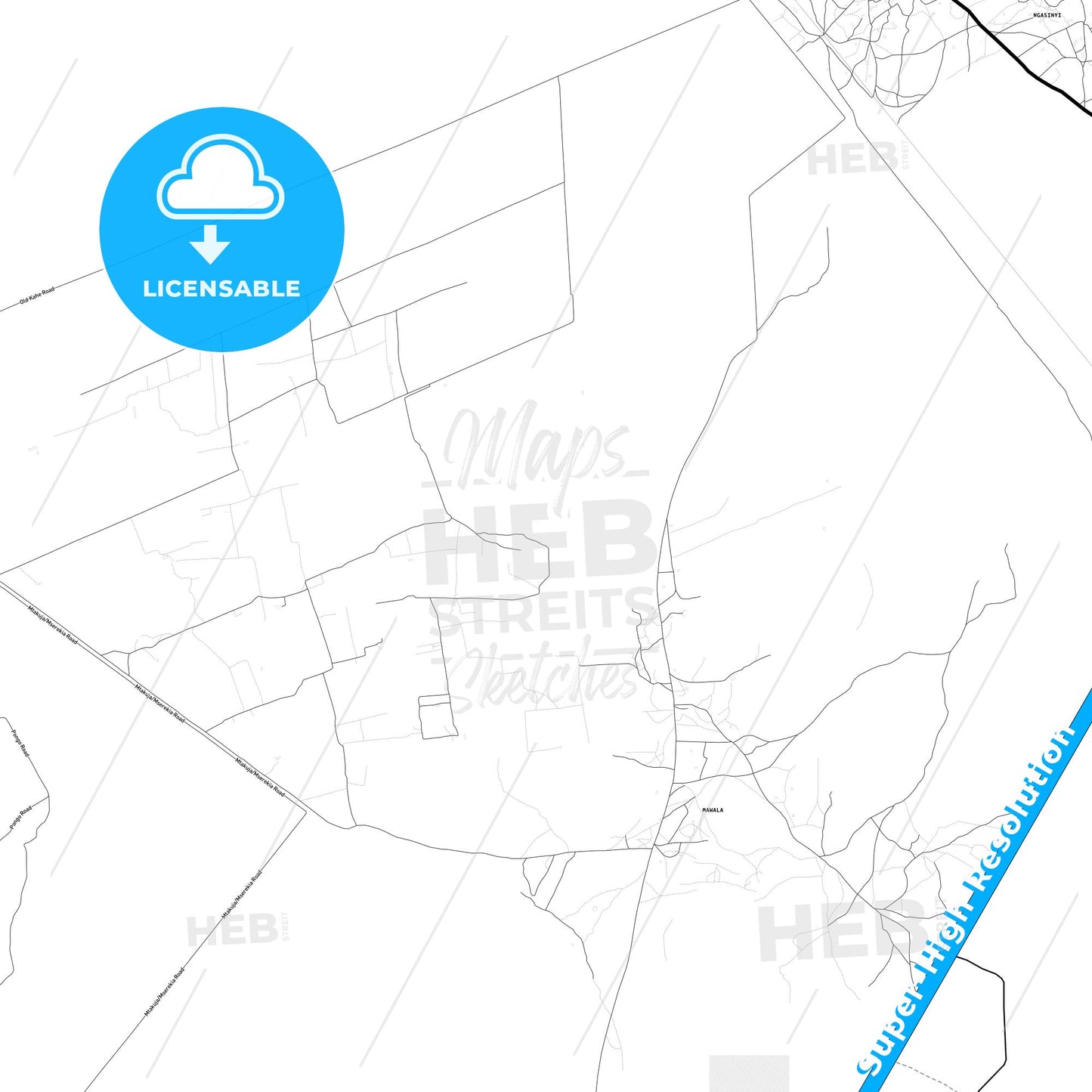 Moshi, Tanzania Light Map with Street Names, City Names, and Districts