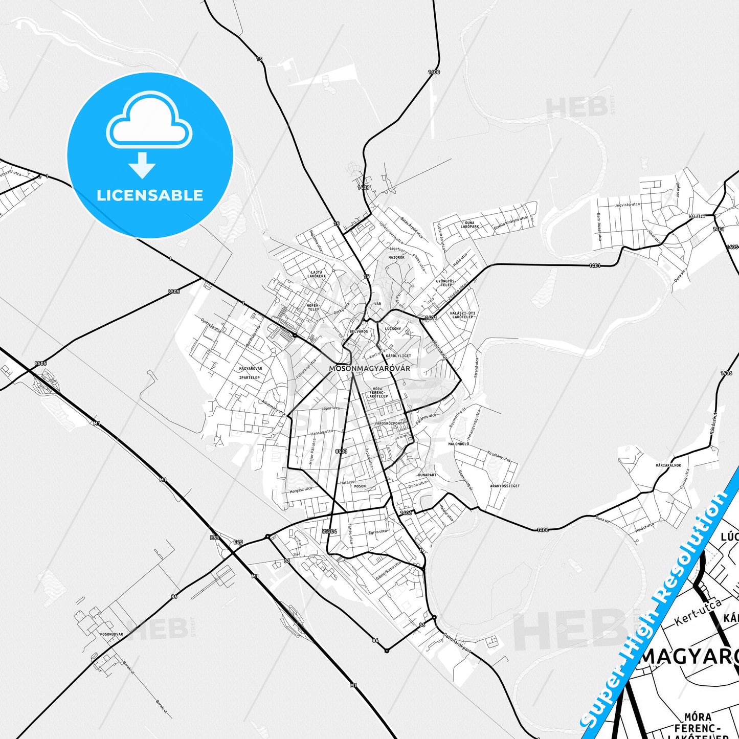 Mosonmagyaróvár, Hungary Light Map with Street Names, City Names, and Districts