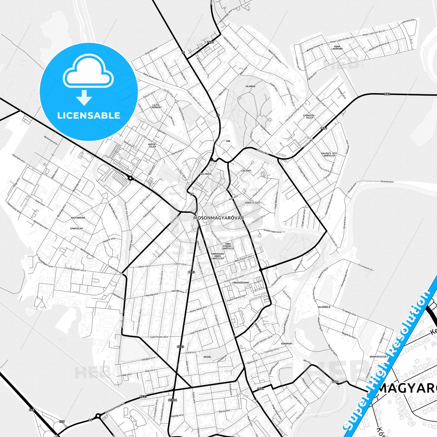 Mosonmagyaróvár, Hungary Light Map with Street Names, City Names, and Districts