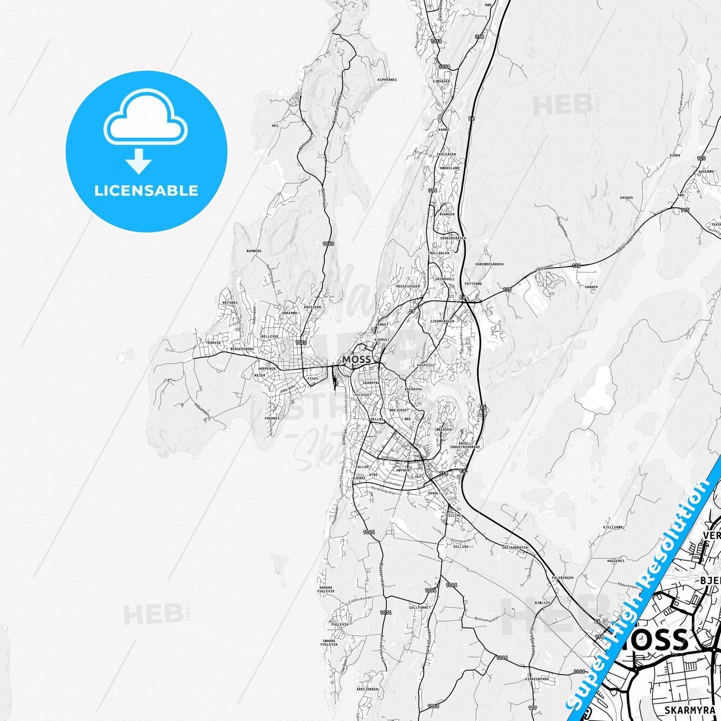 Moss, Norway light map with streetnames, citynames and districts