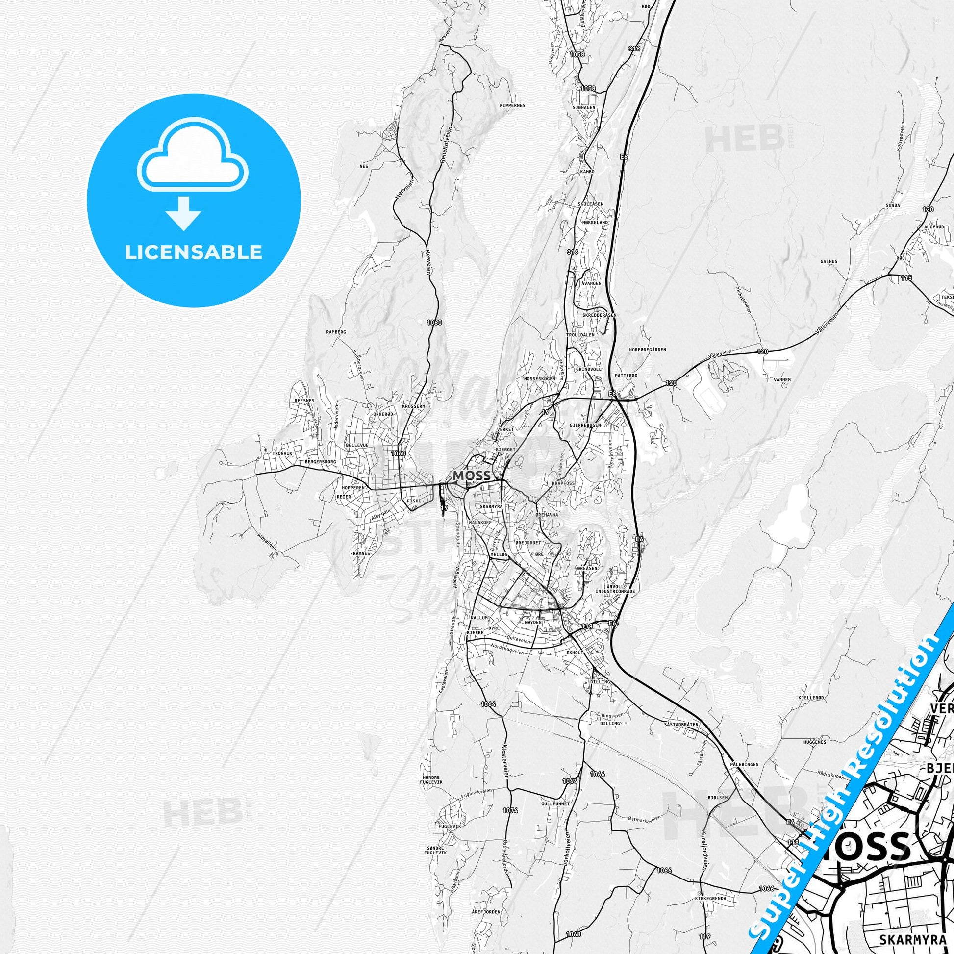 Moss, Norway light map with streetnames, citynames and districts