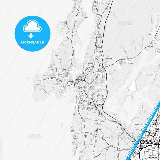 Moss, Norway light map with streetnames, citynames and districts