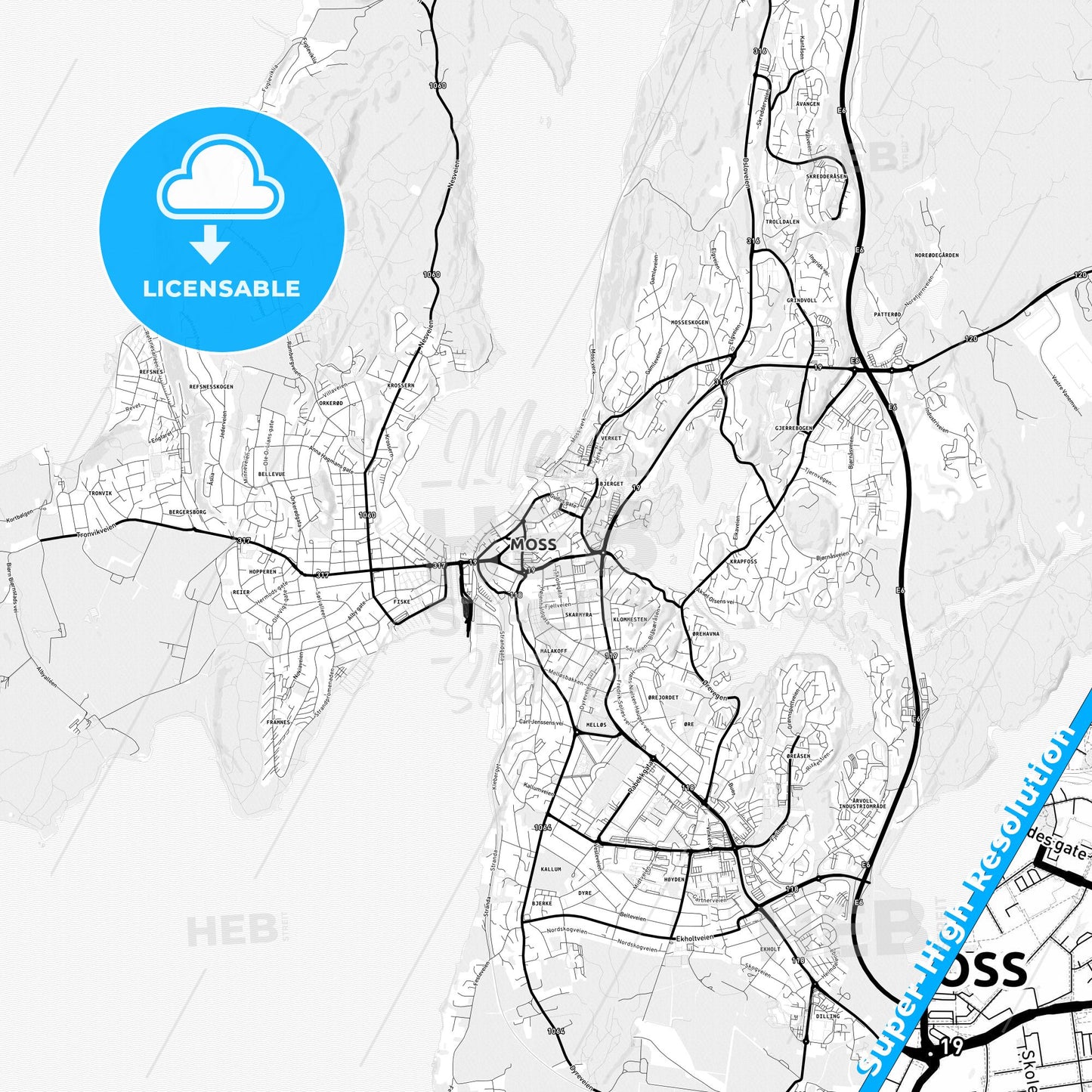 Moss, Norway Light Map with Street Names, City Names, and Districts