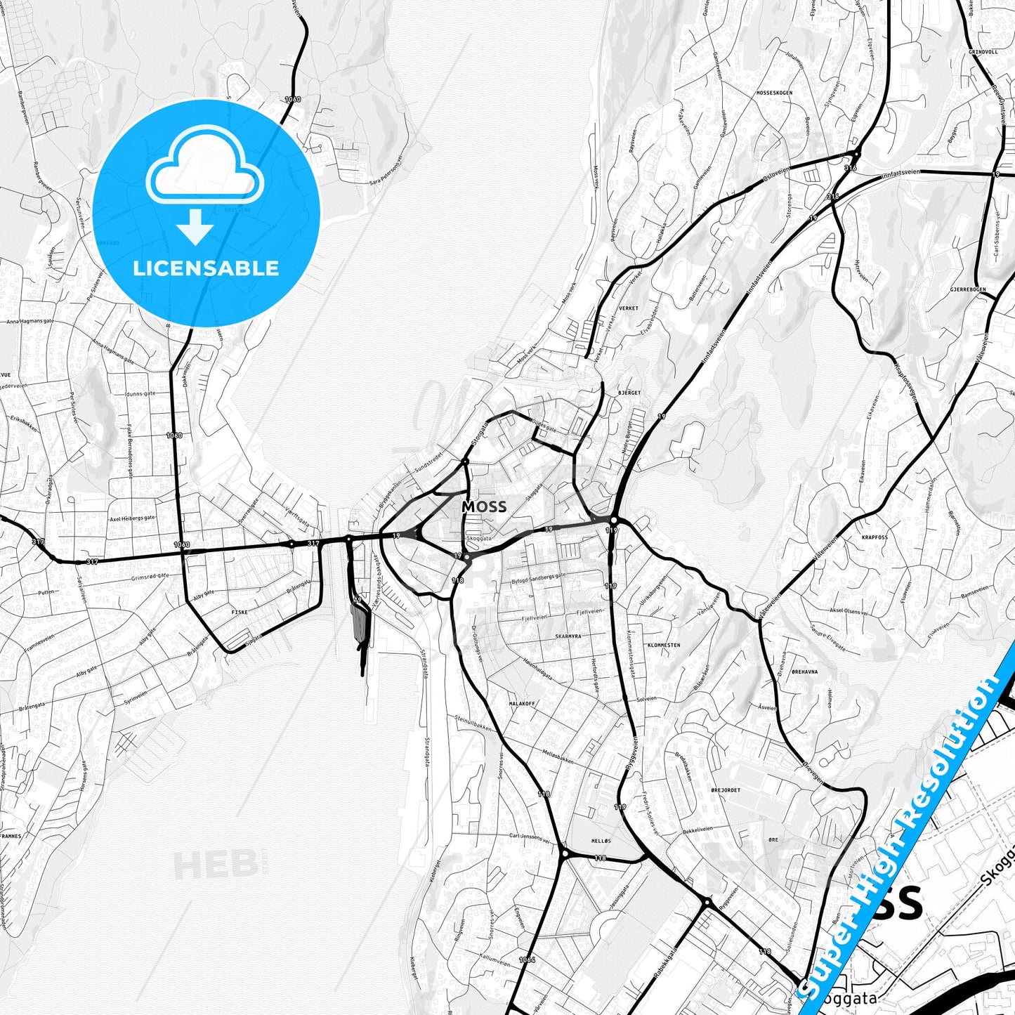 Moss, Norway Light Map with Street Names, City Names, and Districts