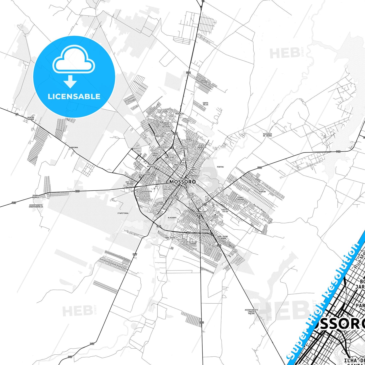 Mossoro, Brazil light map with streetnames, citynames and districts