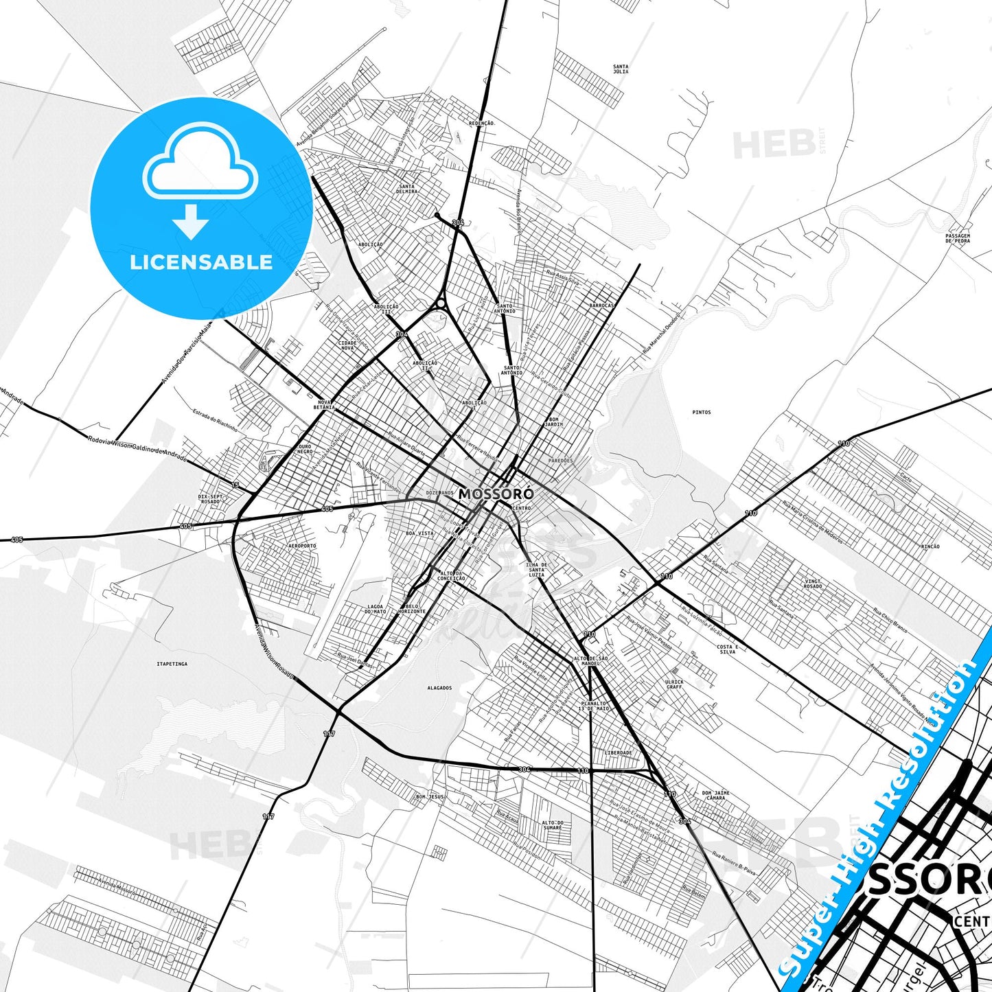 Mossoro, Brazil Light Map with Street Names, City Names, and Districts