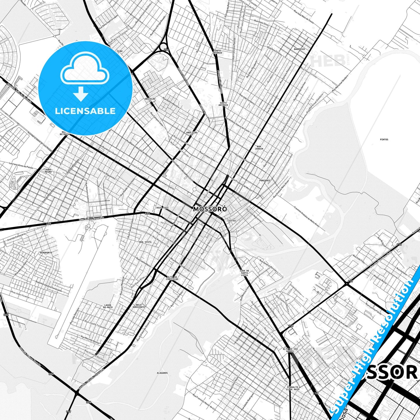 Mossoro, Brazil Light Map with Street Names, City Names, and Districts