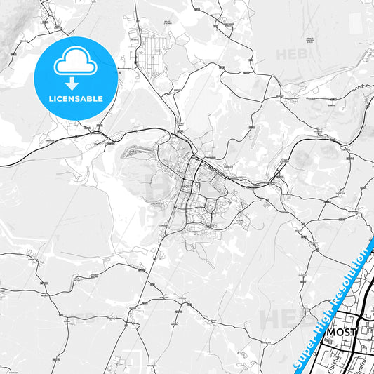 Most, Czechia light map with streetnames, citynames and districts