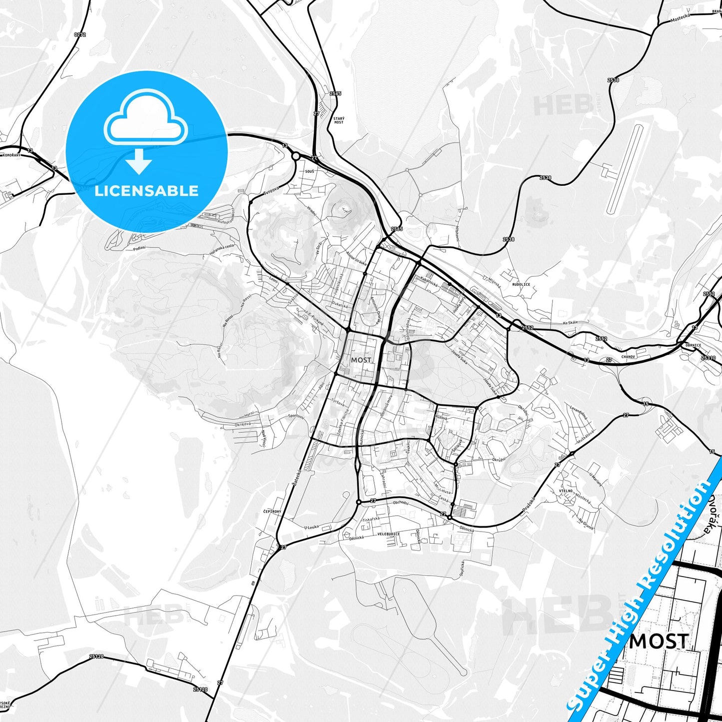 Most, Czechia Light Map with Street Names, City Names, and Districts