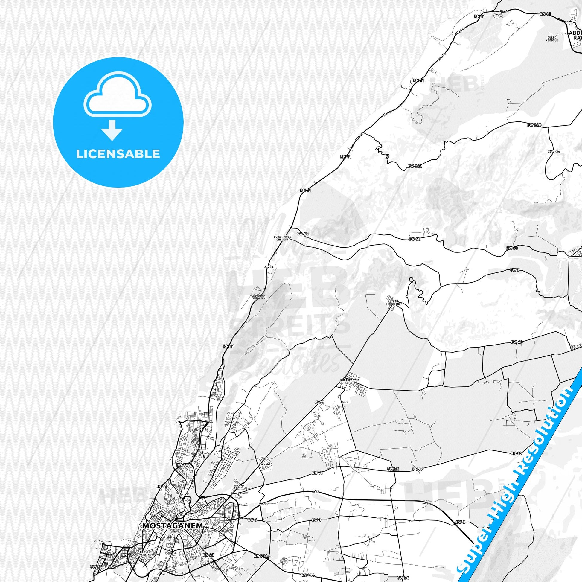 Mostaganem, Algeria light map with streetnames, citynames and districts