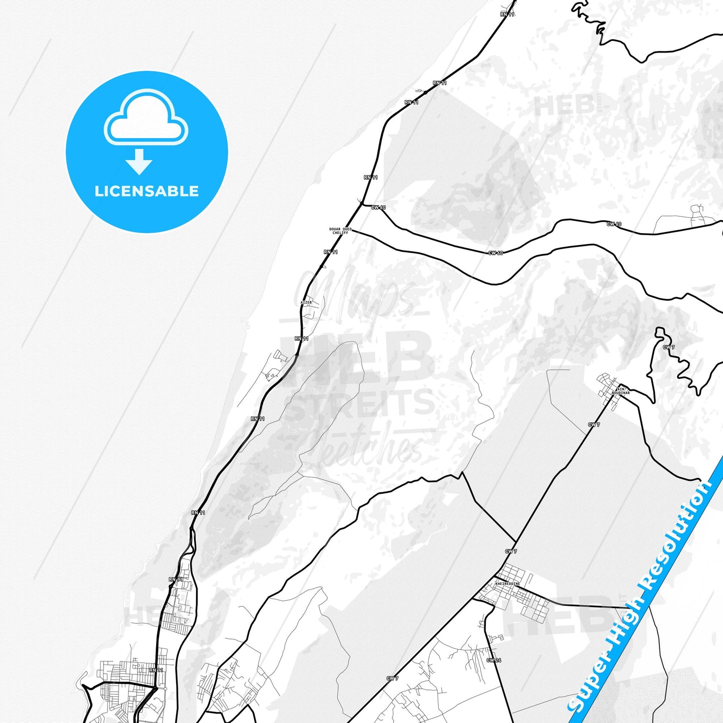 Mostaganem, Algeria Light Map with Street Names, City Names, and Districts