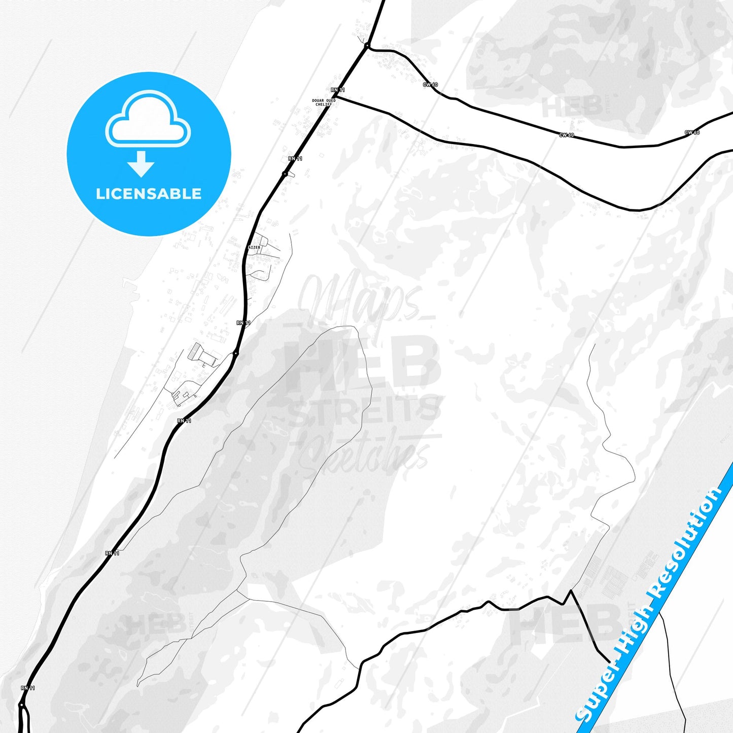 Mostaganem, Algeria Light Map with Street Names, City Names, and Districts