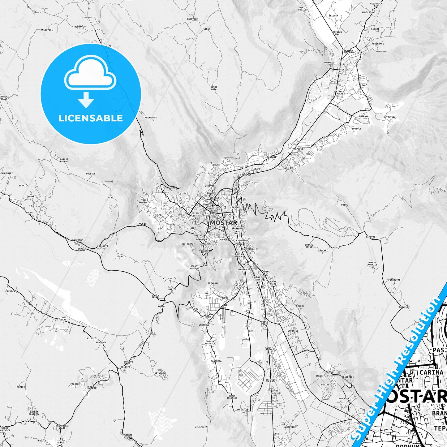 Mostar, Bosnia and Herzegovina light map with streetnames, citynames and districts