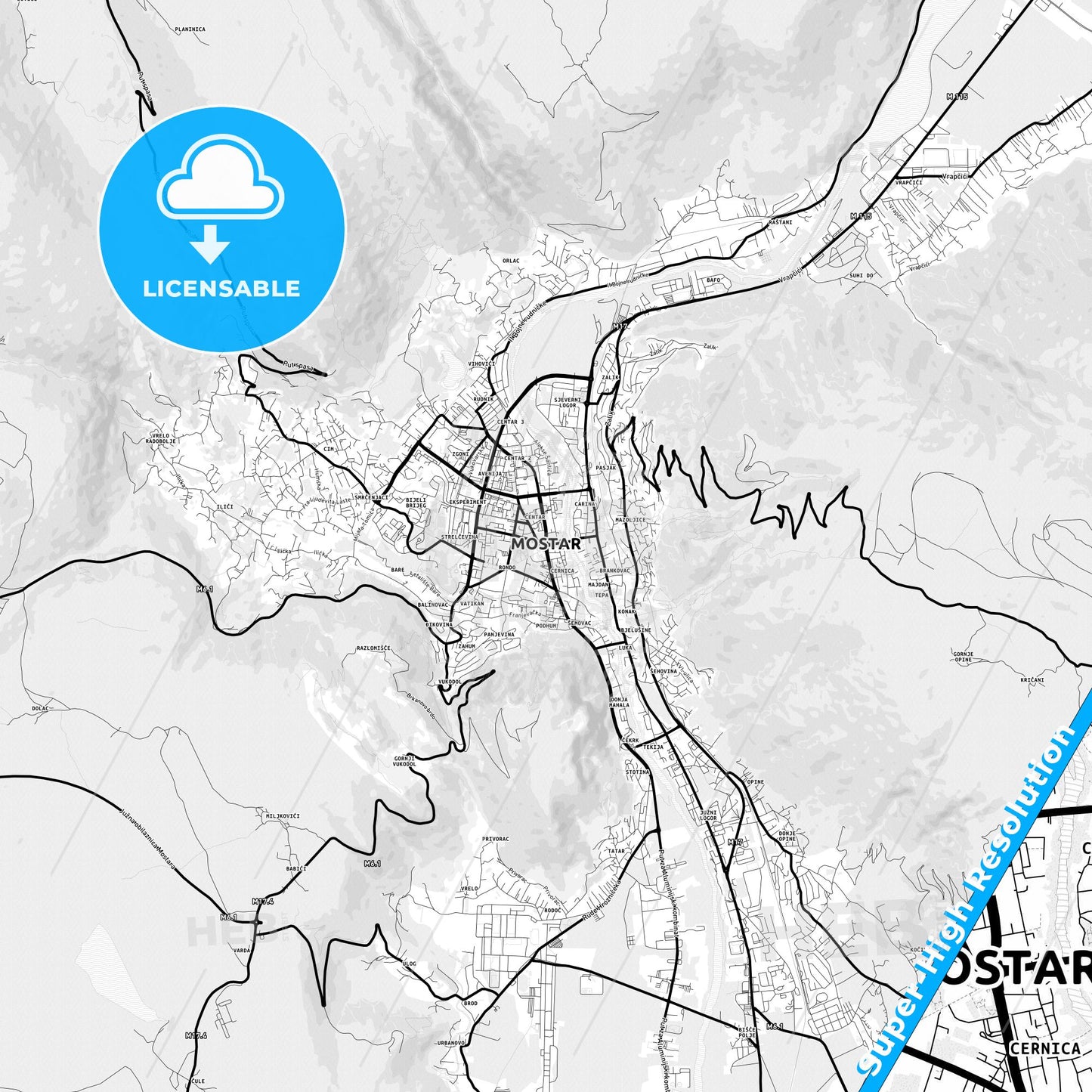 Mostar, Bosnia and Herzegovina Light Map with Street Names, City Names, and Districts