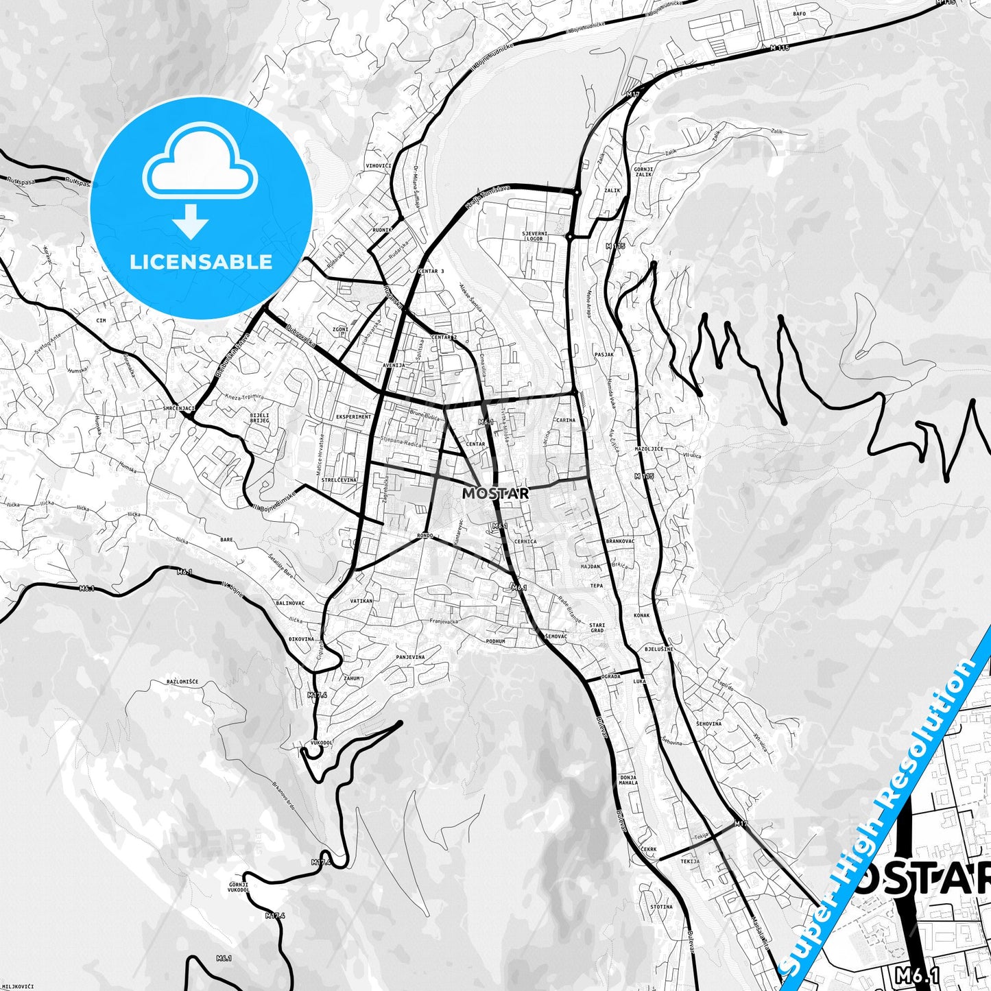 Mostar, Bosnia and Herzegovina Light Map with Street Names, City Names, and Districts